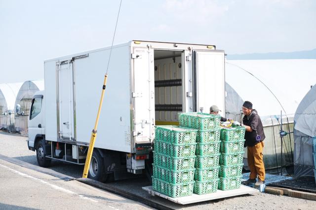 写真：トラックに包装処理が終わった野菜を積み込む